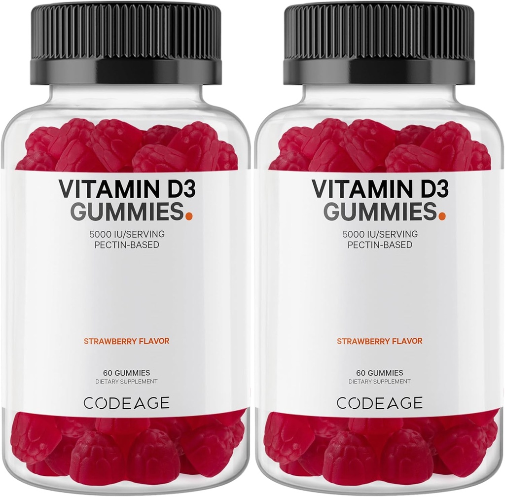 Codeage Vitamin D3 Gummy Vitamin, Vitamin D3 5000 IU Cholecalferol 125 mcg, Soft Pectin-Based, Animal Gantatin- Free Gummy, Gummies Vitamin, Tasty Strawberry, Non-GMO - 2-Pack
