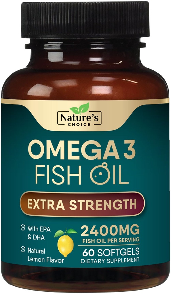 Tambahan Minyak Ikan Omega 3 Tambahan 2400 mg - EPA Triple Kekuatan & DHA Minyak Ikan Omega 3, Suftgels Gendut, Suffels Otak & Heart Kesehatan Suplemen, Gluten Bebas Non-GMO, 60 Softgels