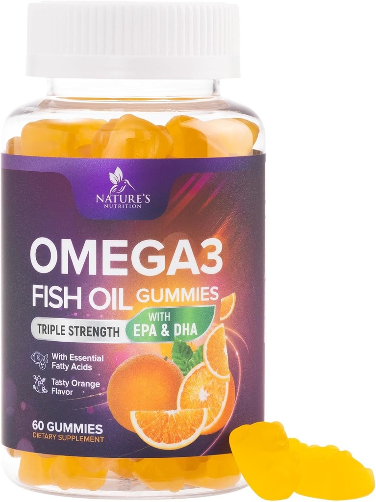 Omega 3 Fish Oil Gummies - Dukungan Kesehatan Jantung Omega 3 Gummy Tambahan untuk Orang Dewasa & Anak-anak dengan Absorpsi Tinggi DHA & EPA, Dukungan Bersama & Otak, Oranye Flavor Ikan Vitamin, 60 Gumne