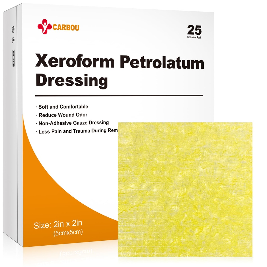 Carbou Medical Xeroform Petrolatum Dressing 2"x2", 25 Pack, Non-Stick Gauze | Breathable Gentle, Soft Fine Mesh Gauze Patch for Wound Care, Burns, Lacerations, Skin Grafts & Surgical Incisions