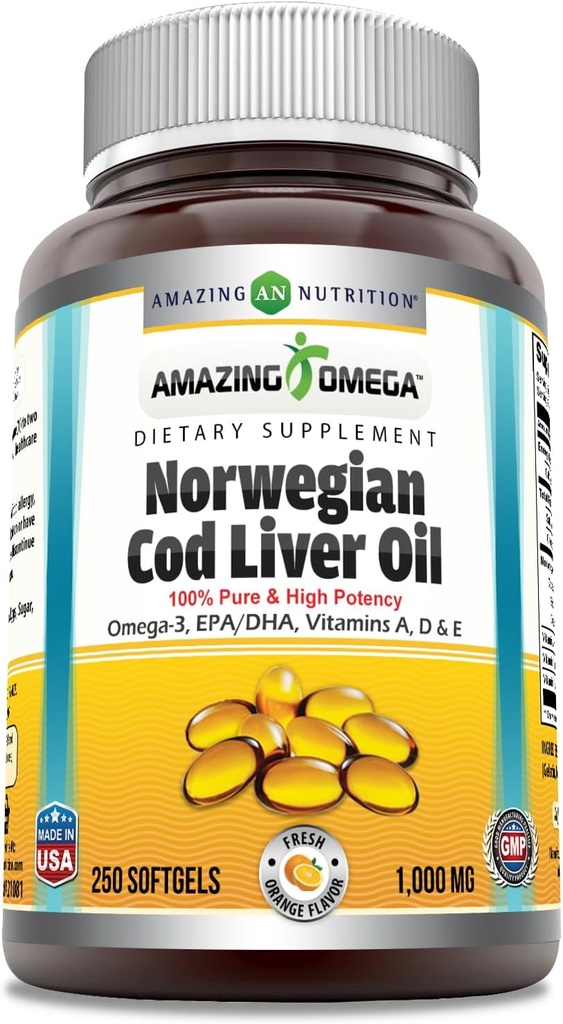 Amazing Omega Norwegia Cod Liver 1000 Mg Softgels Suplement: 124; Omega-3, EPA, DHA, Vitamin A, D & Vitamin E (Orange 124; 250 Count)