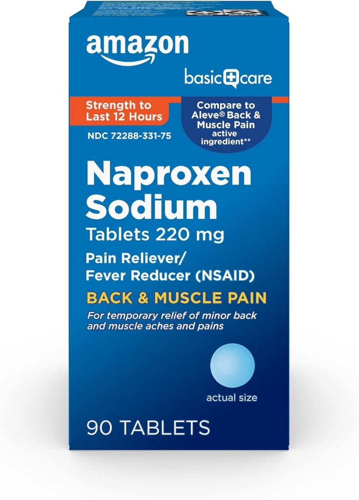 Basic Care Back and Muscle Pain, 220 mg, 12- Hour Pain Relief, Naproxen Sodium Tablet, Pain Reliever and Fever Reducer, 90 Count