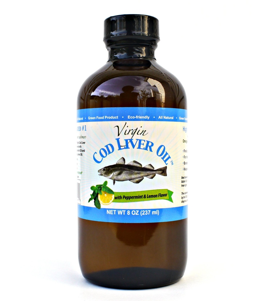 Virgin Cod Liver Oil - 8 Fl oz Natural, Sumpably sourced, Wild Caught & Fresh Tasting. Tinggi di Vitamin D, Omega 3 DHA / EPA (Lemon dan Peppermint Flavored)
