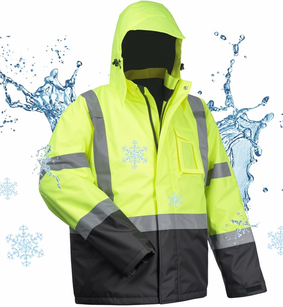 Peralatan 100% Jaket Keselamatan Air Tertahan Air untuk Pria, Hi Vis Jaket Pekerjaan Reflektif, Konstruksi Rain Coats untuk Cuaca Dingin
