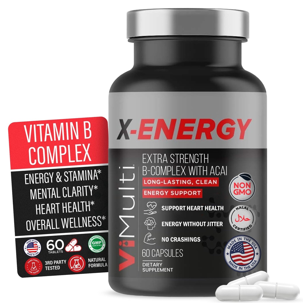 Kompleks X-Energy Extra B dengan Caffeine & Vitamin B12 - Dukungan Energi B1, B2, B3 Niasin, B6, Folic Acid, Biotin, B5, Taurine, Ginseng, Rhodiola, Maka, Acai & Spirulina - 60 Capsules