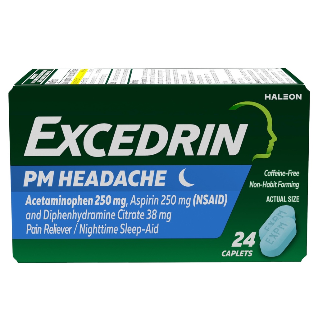Excedrin PM for Headache Relief, Acetaminhen 250mg, Aspirin 250mg, Diphenhydramine Citrate 38mg, Pain Reliever, Nighttime Sleep-Aid, 24 Count