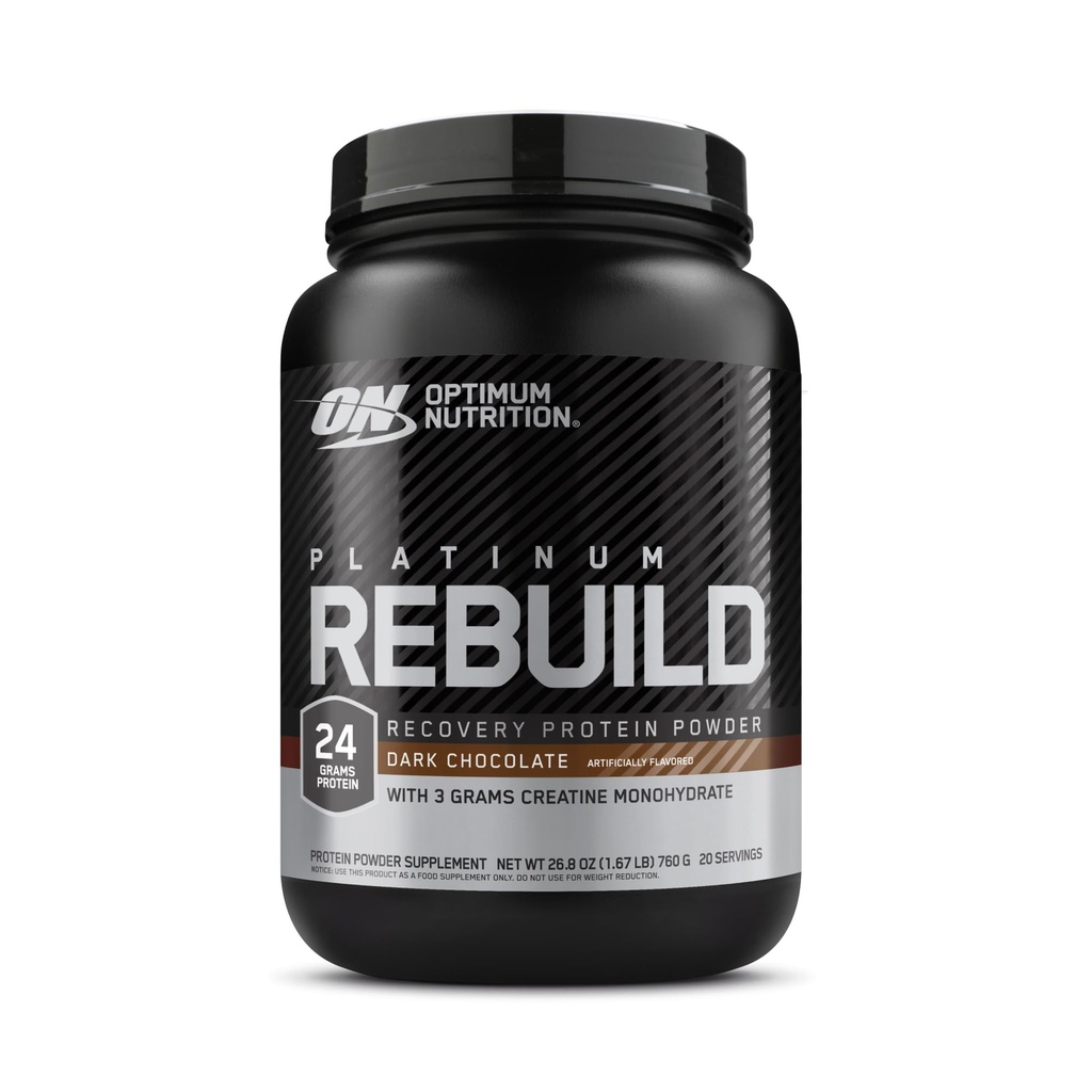 Optimum Nutrition Platinum Rebuild, Premium Platinum Blend Powder dengan Creatine Monohydrate, Dark Chocolate, 20 Hamba