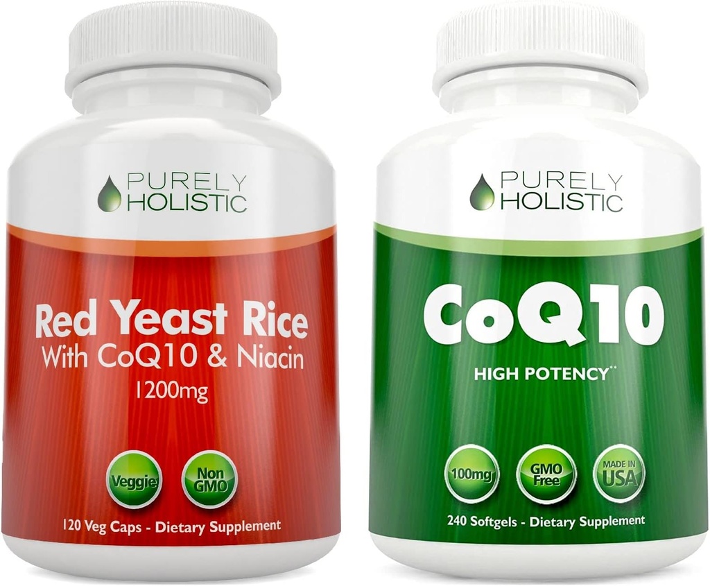 Murni Holistik Rice Merah Yeast 1200 mg & Niasin + CoQ10 100mg - 120 Capsules & 240 Softgels Bundle - Dibuat di USA