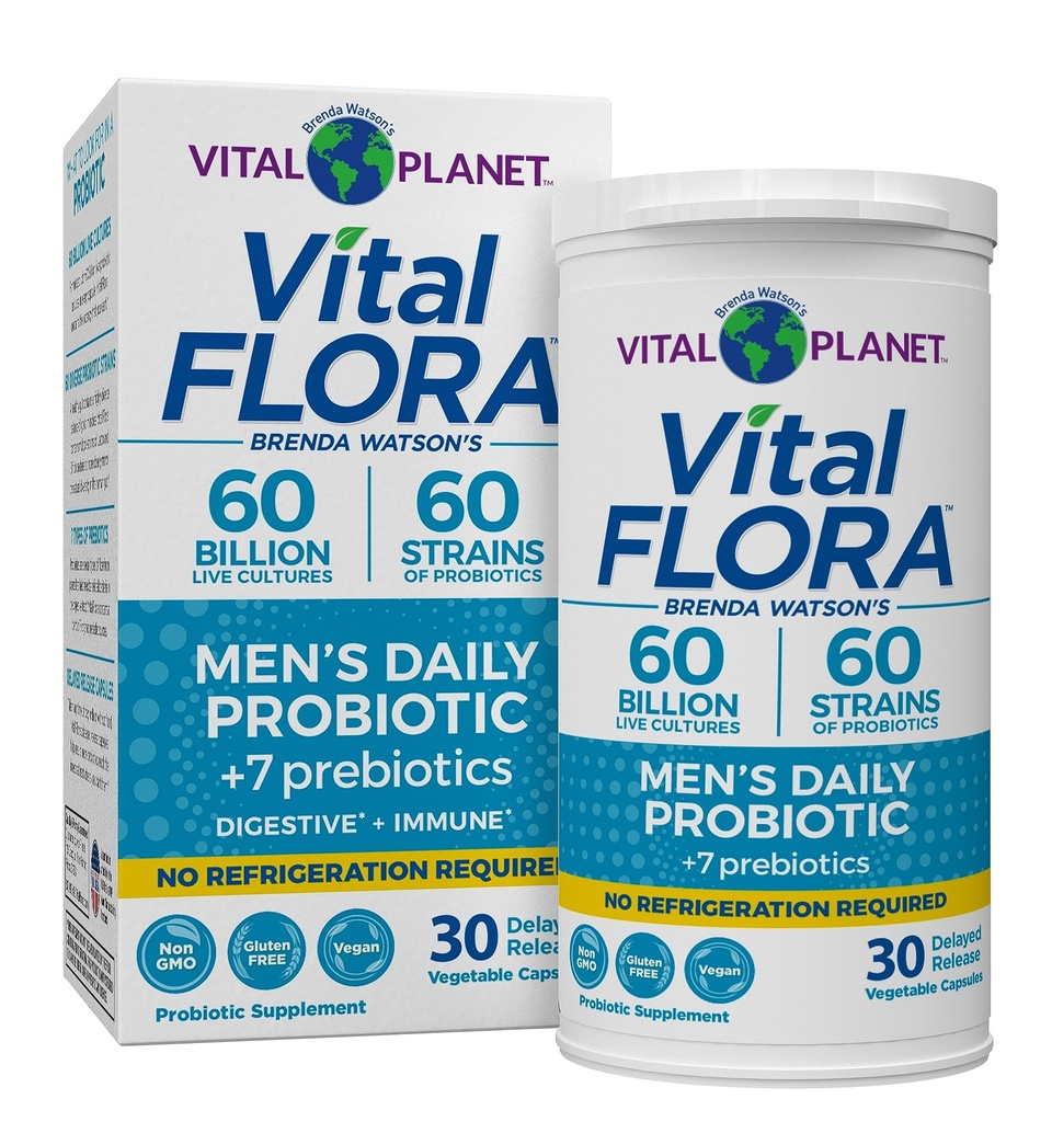 Planet Vital - Vital Flora Probiotic for Men, 60 Billion CFU, 60 Diverse Strains, 7 Organic Preboles, Program Stable Shelf Pria untuk Dukungan Imune, Gas Relief, Digetical Kesehatan 30 Kasules