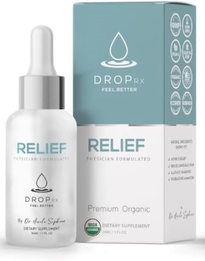 DropRx Relief oleh Dr. Nicole Saphier - Deviils Claw & Organic Ginger Root Extract, Support Joint Health & Digetical Wellness, Organic, Non GMO, Vegan, Gluten Free & Kosher, Made in USA (2 Fl Oz)