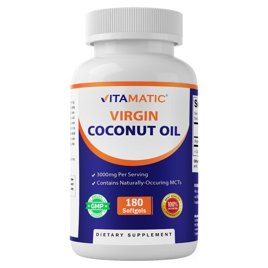 Vitamatic Virgin Coconut Oil Softgels, 3000 mg Per Serving, 60 Serving, 180 Count, Non-GMO, Gluten Free