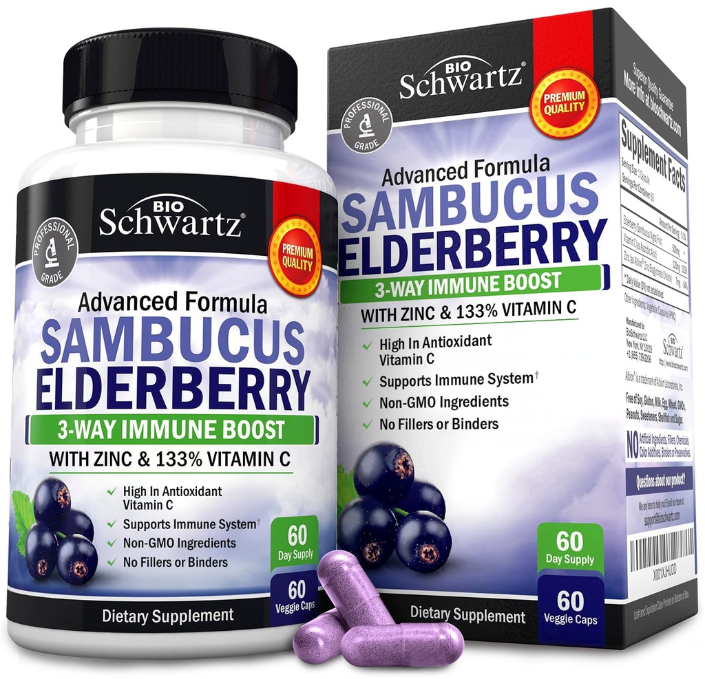 Elderberry Capsules dengan Zinc dan Vitamin C untuk Dewasa - Imune Dukung Vitamin untuk Perempuan dan Pria - Sambucus Hitam Elderberry Vitamin C dan Zinc - Ammune Defense Multimineral Suplemen, 60 Count