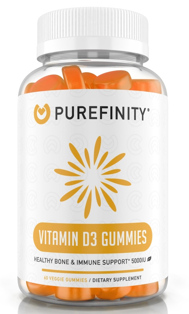 PUREFINITY Vitamin D3 5000 iu Gummies - Daily Vitamin D Suplement for Bone Health, Ammune Health, and Joint Muscle Support for Dewasa & Kid - Gluten Free, Non-GMO - 60 Veggie Gummies