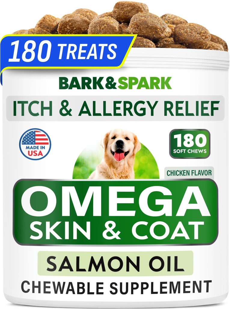 BARK & SPARK Omega 3 for Dogs - 180 Fish Oil Treats for Dog Shedding, Skin Allergy Chews, Itch Relief, Hot Spots Treatment - Gabungan Kesehatan - Skin and Coat Suplemen - EPA & DHA Fatty Accids - Salmon Oil