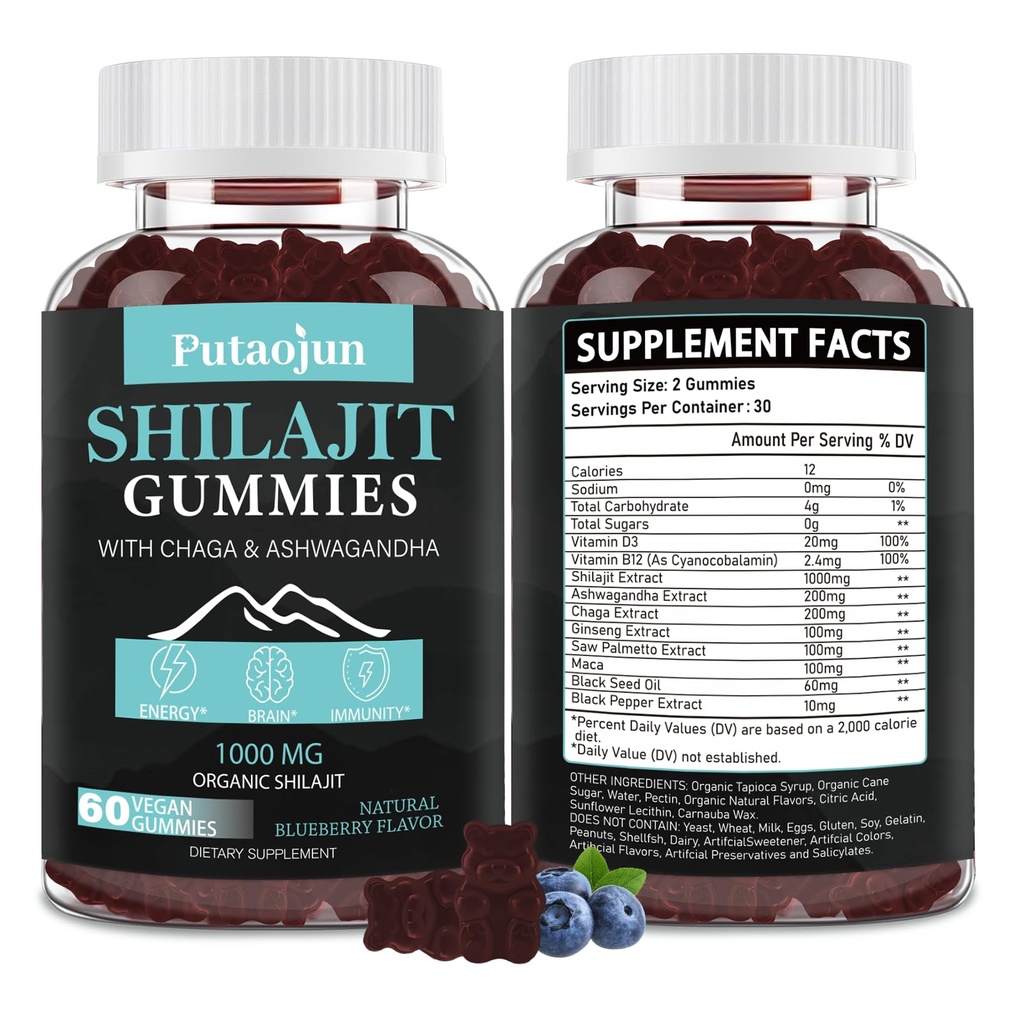 Shilajit for Man, Woman & Kid.Himalaya Gold Shilajit Chammies.10000mg Shilajit, 200mg Ashwagandha, 200mg Chaga, 100mg Ginseng, 100mg Saw Palmatto, 60mg Black Seed Oil