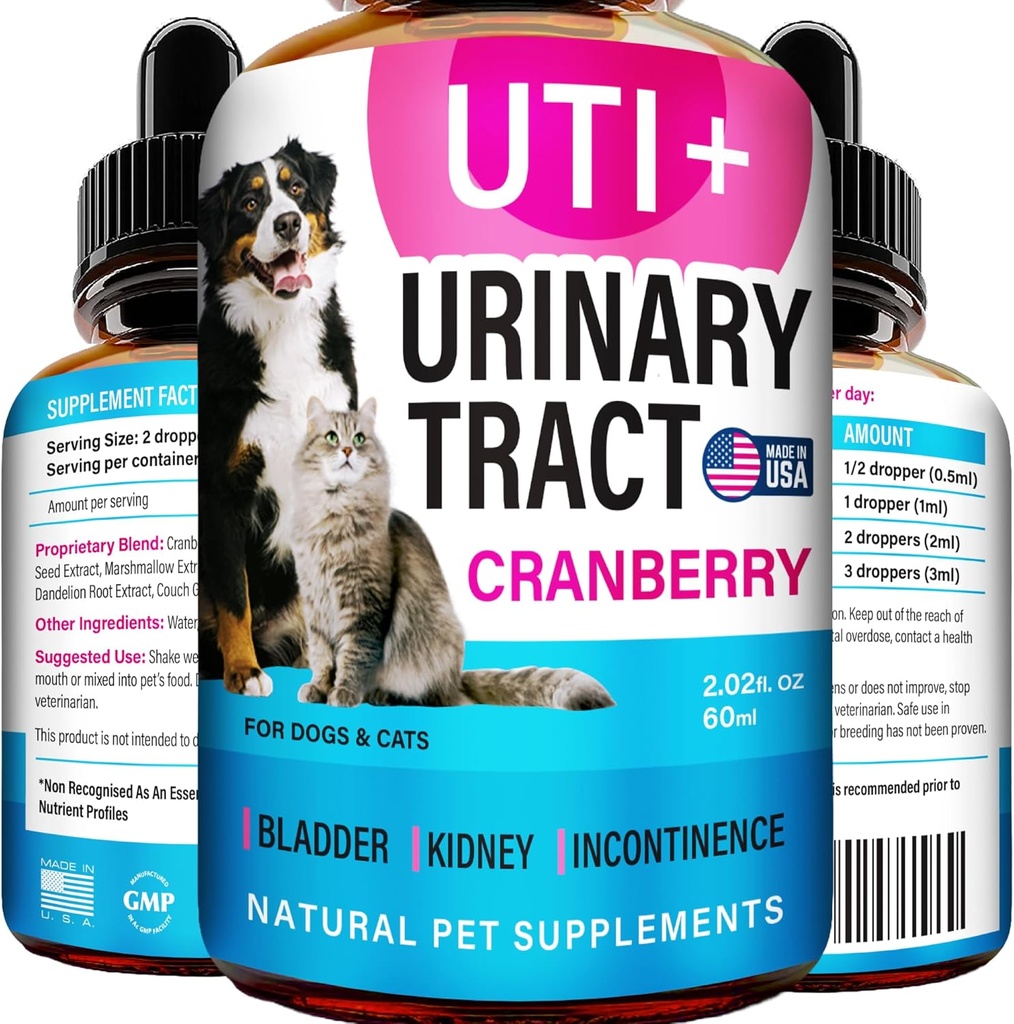 Treatment Cat & Dog UTI - UTI Medicine & Urinary Trakte Treatment for Pets - Ginjal - Bladder Control for Dogs Incontinence - Cat Uti Remedy - Cranberry Supplemen - US Made - 2f.oz