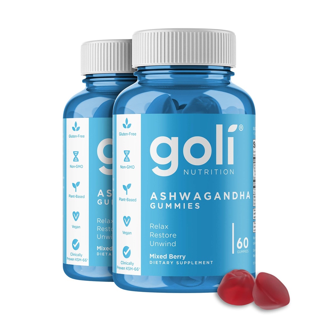 Goli Ashwagandha & Vitamin D Gummy 120 Count - Tenang. Pulihkan. Lepaskan. (Campuran Berry, KSM-66, Vegan, Tanaman Based, Non- GMO, Gluten- Free & gelatin Free), Pack of 2