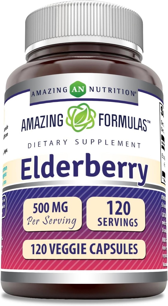 Amazing Formulas Elderberry Suplemen 12.4; 500 Mg Per Serving 124; 120 Vevgie Capsules 124; 10: 1 Konsentrat 124; Non- GMO 124; Gluten- Free Alags124; Dibuat di AS