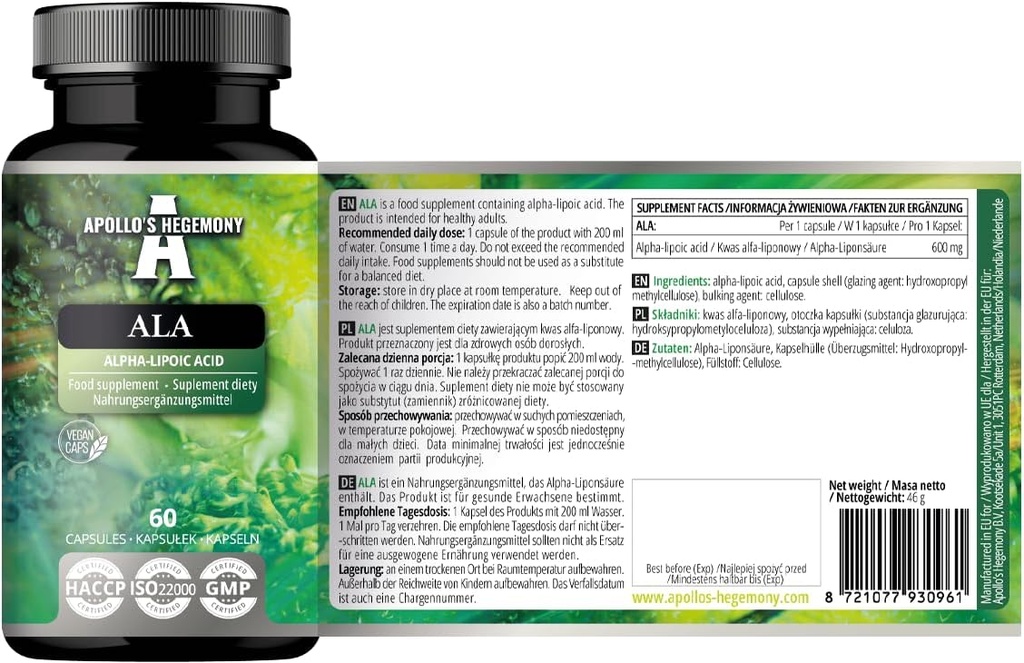 Apollo 'S HEGEMONY ALA (Alpha Lipoic Acid) 600 mg - 60 Vegan Capsules - Optimizes GlM Management - Support Kesehatan Mitokondrial - Dua Pasokan Bulan