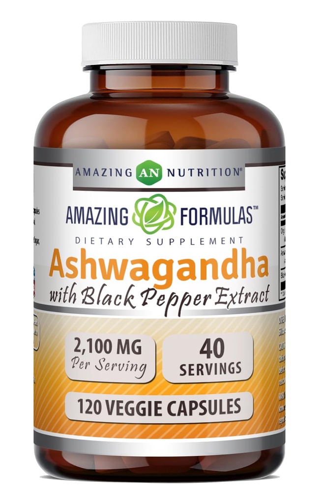 Amazing Formulas Ashwagandha Root dengan Black Pepper Extract Suplement: 124; 2100 Mg Per Serving 14; Veggie Capsules Suplemen; Non-GMO 124; Gluten- Free Alag4; Made in USA (1 Pack, 120 Count)
