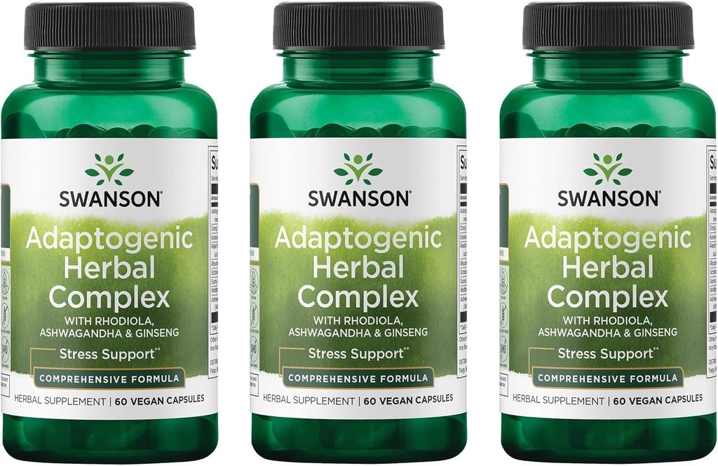 Swanson Rhodiola Ashwagandha Ginseng Complex Mood Energy Immune Function System Stress Adaptogen Herb Suplemen 60 Capsules (3 Pack)