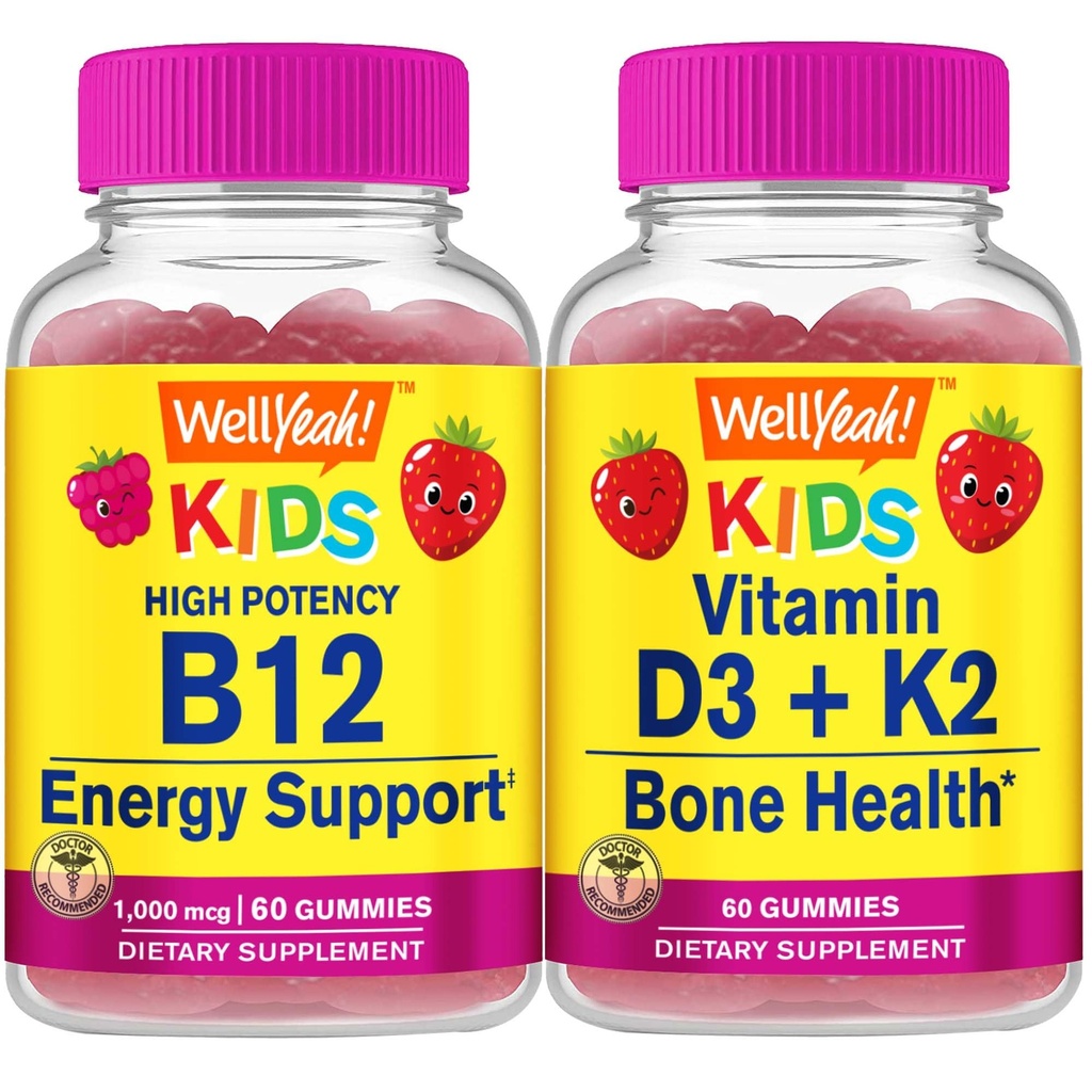 Welly Yeah Vitamin B12 Kids + Vitamin D3 + K2 Kids, Gummies Bundle - Great Tasting, Vitamin Suplemen, Gluten Bebas, GMO Bebas, Gummy Chewable