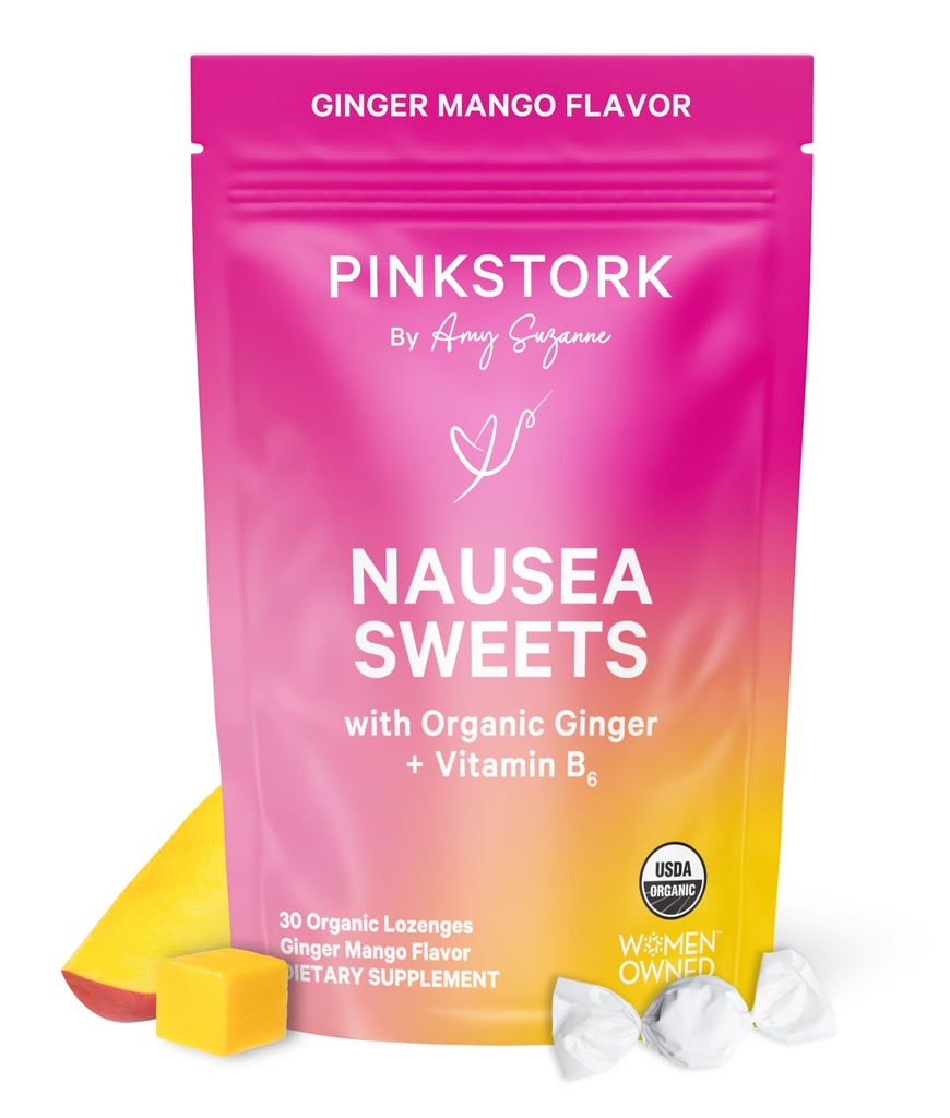Pink Stork Organic Mango Sweets with Vitamin B6 for Morning Sickness and Motion Sickness, added Ginger & Vitamin B6, 1st Triemester Pregnancy Must Haves - 30 Wrapped Candies