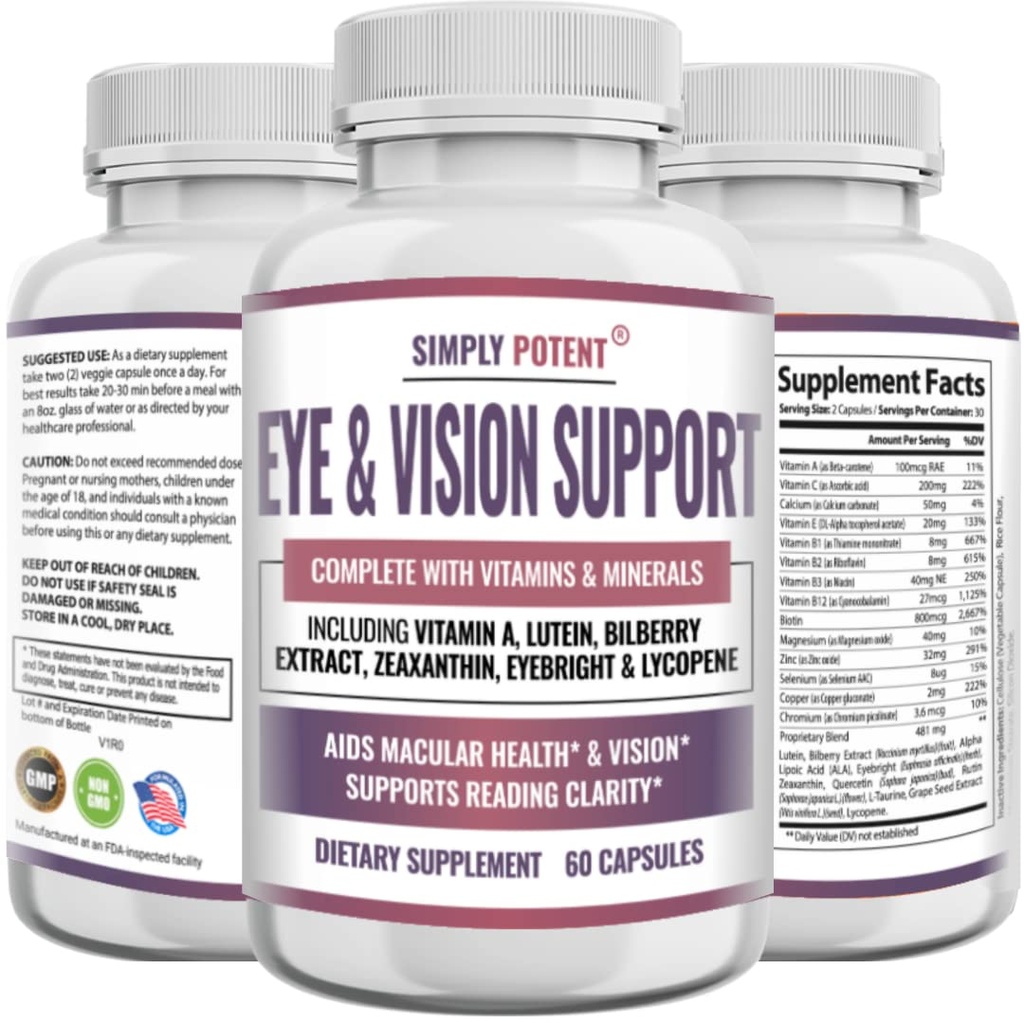 Suplemen Kesehatan Mata Lutein & Advanxanthin untuk Orang dewasa, Mata Alami & Vision Formula w / Vitamin A, Lutein, Lutein, Wenxanthin, Bilberry Extract, Eyebright & Lycopene untuk Retina & Lens 60 Caps