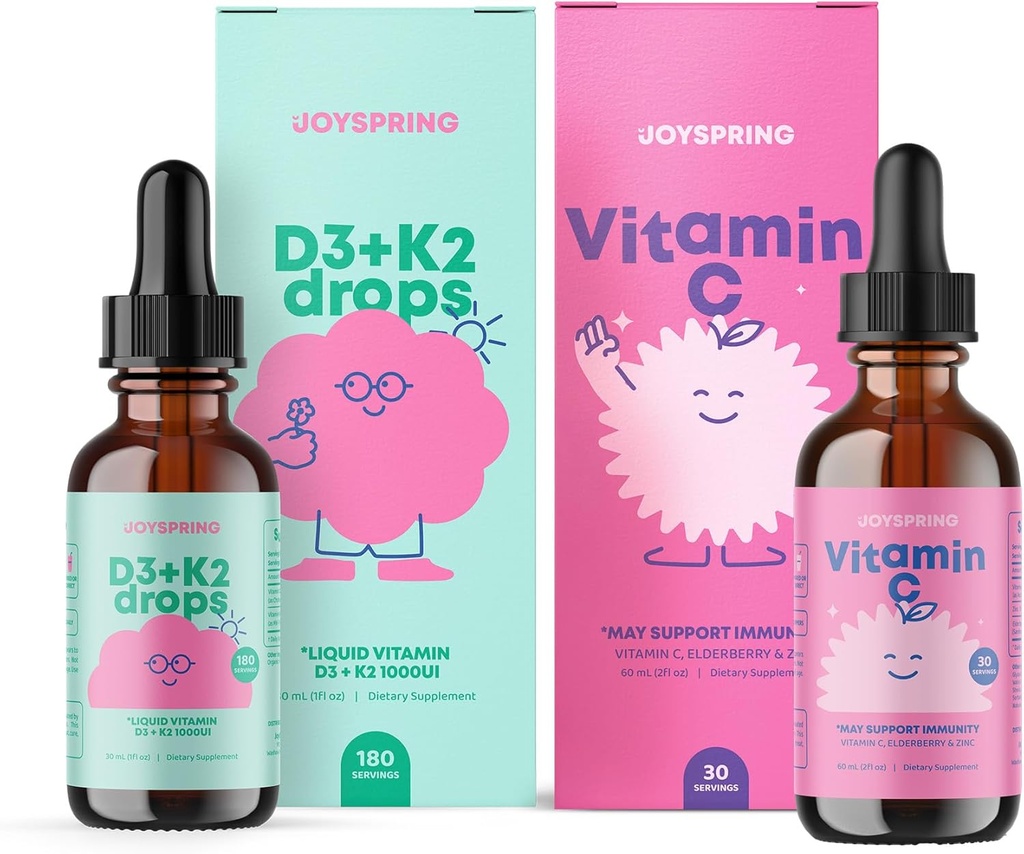 JoySpring Vitamin C + Elderberry Drops + Zinc Suplemen untuk Anak-anak Imune Dukungan dan Vitamin D Drops untuk Imune Dukungan & Heart Health