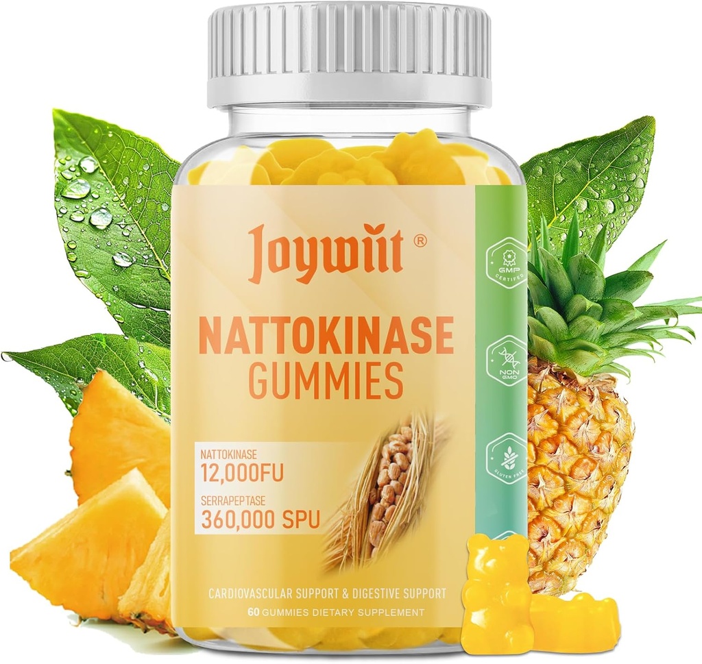 Nattokinase Gummies 12.000 FU, Gummies Serrapepse 360.000 Enzyme Suplement dengan Bromelain Papiin & Inulin untuk Sirculasi, Gut, Divalry Dukungan, Vegan, Non GMO, 60 Negara