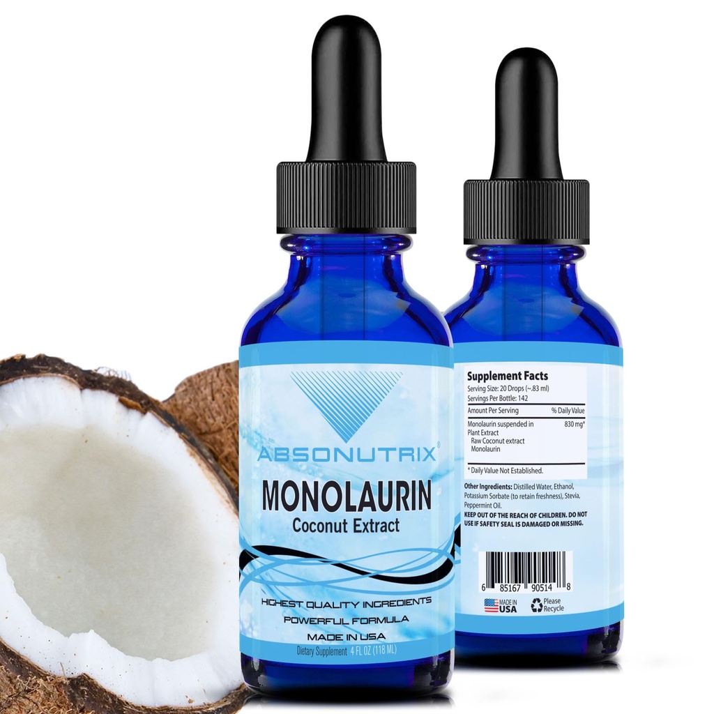 Absonutrix Monolaurin Extract - 4oz Liquid, 830 mg 142 Servings, dibuat di USA, Quick Absorpsi, Quality Venable Ingregents, Non- GMO, GMP Certified Fasilitas, Cruelty- Free Products a