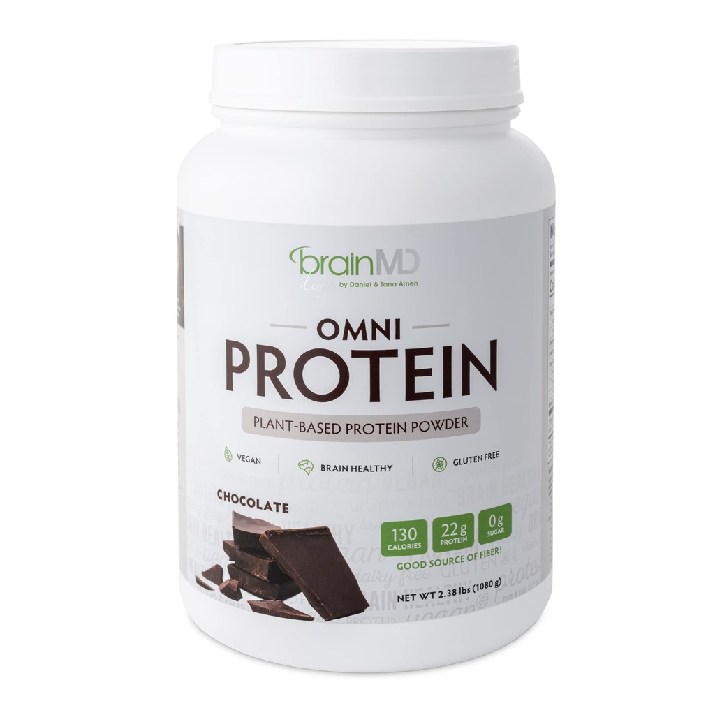 BRAINMD Dr Amen Omni Protein Cokelat - 2.38 lbs - Plant-Based Protein Powder - Promotes Energy & Exercise Recovery - Vegan, Vegetarian, Sugar Free, Gluten Free - 30 Servings
