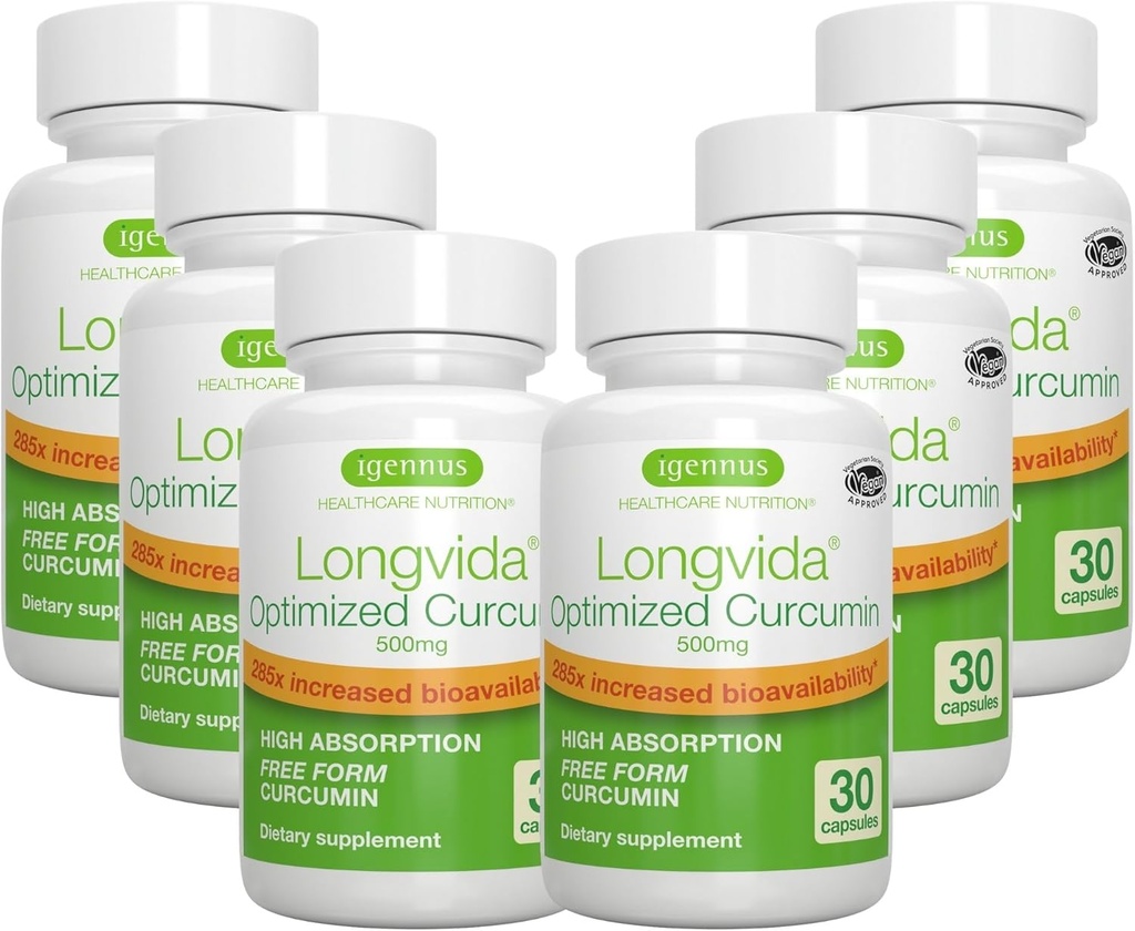 Igennus Longvida Lipidated Curcumin 500mg, Ultra Biovailable & Substable Action, 65x Higher Plasma Levels, Intensive Dukung, Free- Form Curcumin, Vegan, 180 Capsules