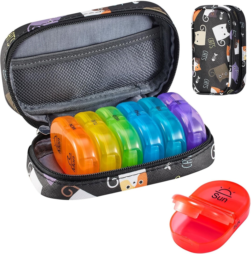 Serfeymi Weekly Travel Pill Organizer 2 Times A day AM PM Upgraded Rainbow Pill Box 7 Day with Portable Zipper PU Leather Pill Case, Medicine Organizer for Pills, Vitamin, Fish Oils - Black 02