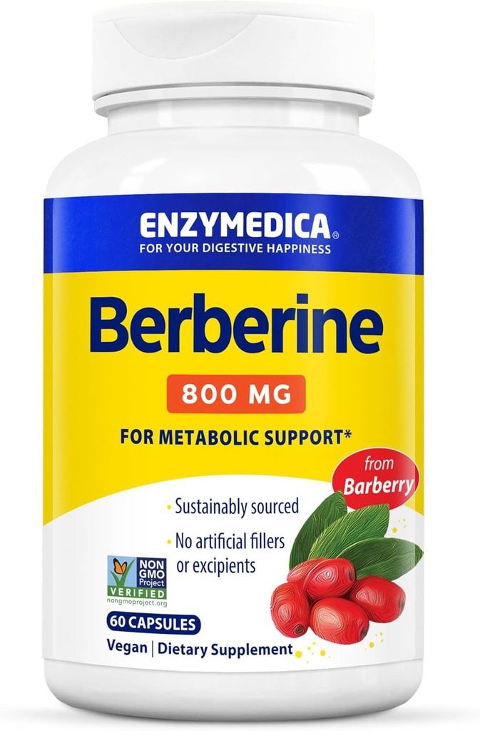 Enzymedica Berberine 800 mg - Vegan Capsules for Metabolic Dukung - from Sustainably Sourced Barberry - Non-GMO, Gluten- Free, No Fillers or Excipients - 60 Capsules