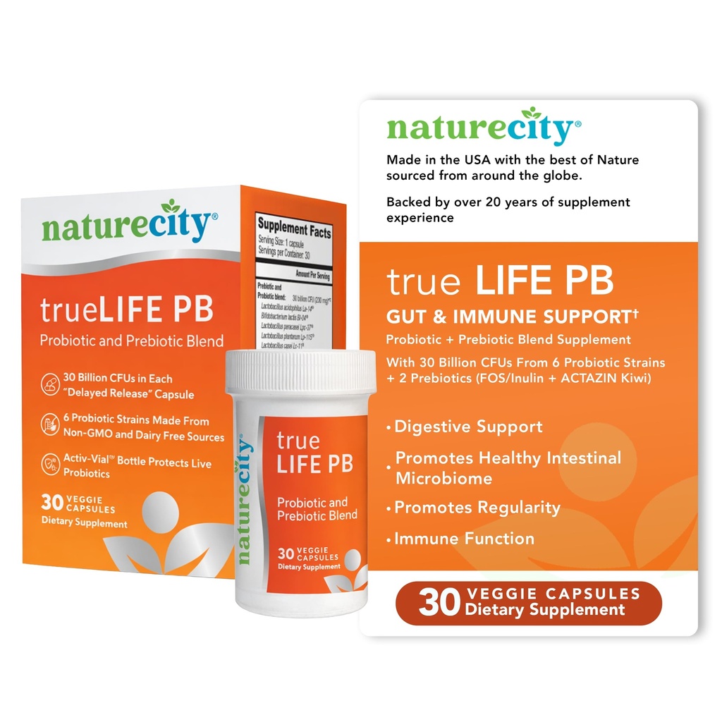 NaturreCity True- Life- PB Shelf Stable Blend Pretention and Propiness for Women and Men - Digetical Gut Health Suplemen Perempuan dan Pria - Bumur Bebas - (30 Vevgie Capsules)