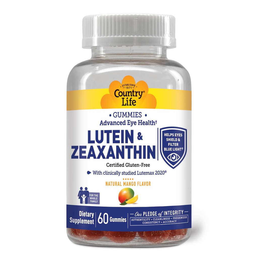 Country Hidup Lutein Gummies dengan Lutemax 2020, 60 Ct, Suplemen Dukungan Mata Alami Chelable, Marigold Lutein, Dalxanthin, Kesehatan Mata & Macular Dukungan, Non-GMO, Natural Fruit Pectin, Vegan