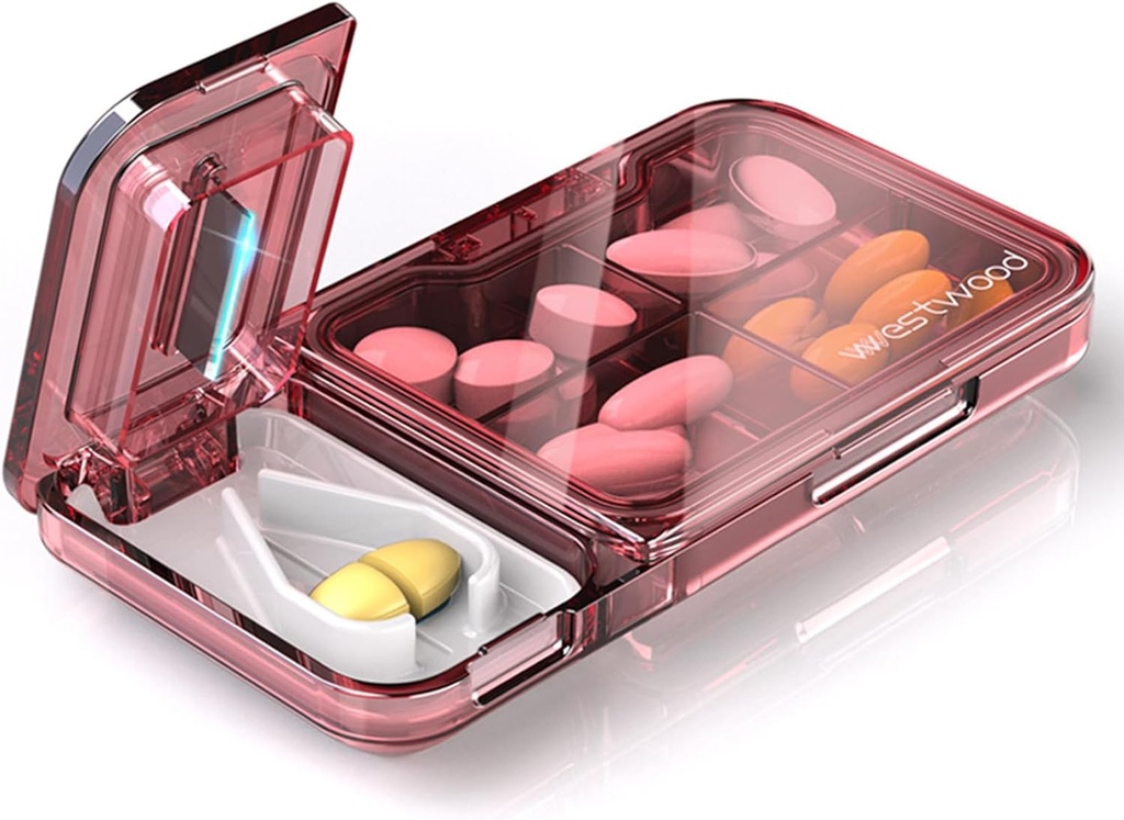 Travel Pill Organizer dengan Pill Cutter Splitter, 4 Comments Pill Case, Kotak Pill Kecil untuk Pocket Purse, Kontainer Daily Pil untuk Menahan Persediaan Minyak Vitamin Liver (Pink)