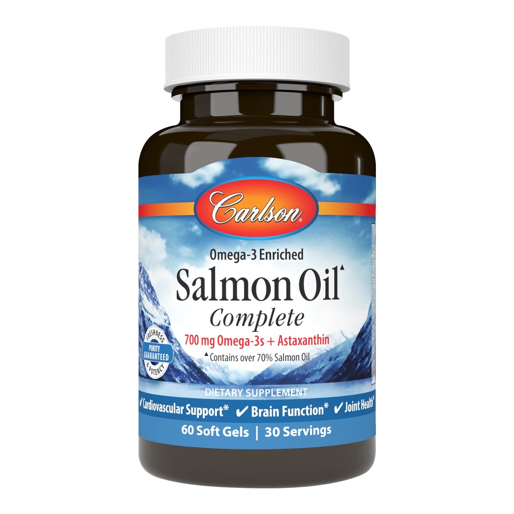 Carlson - Salmon Oil Lengkap, 700 mg Omega-3s + Astaxanthin, Dukungan Kardiovaskular, Fungsi Otak & Gabungan Kesehatan, 60 Softgels