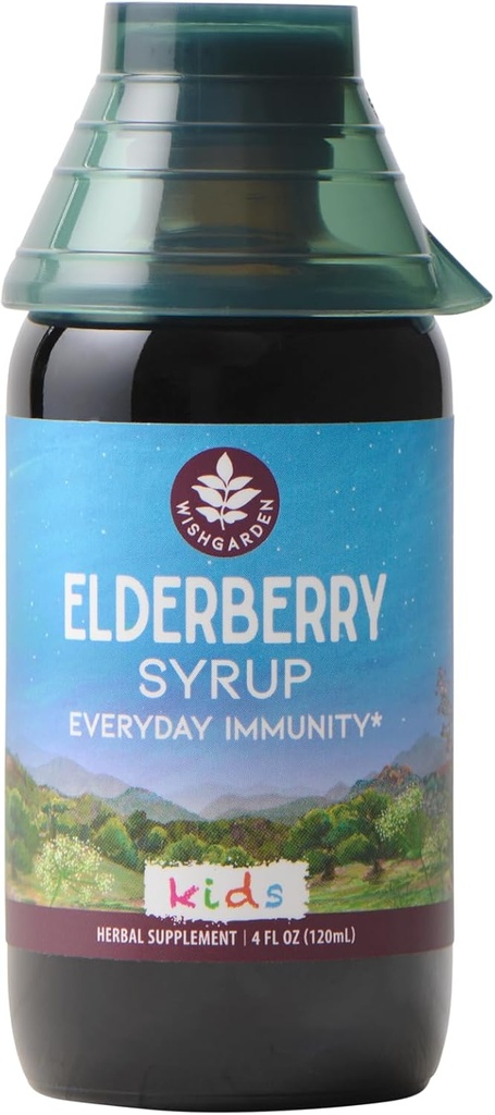 WishGarden Herbs Organic Elderberry Syrup untuk Anak - Anak-Anak Elderberry Syrup dengan Black Elderberry, Astralulus, Orange Peel & Honey, Daily Ammune Booster untuk Anak-anak, Anak 1 +, No Sugar Adaded, 4oz