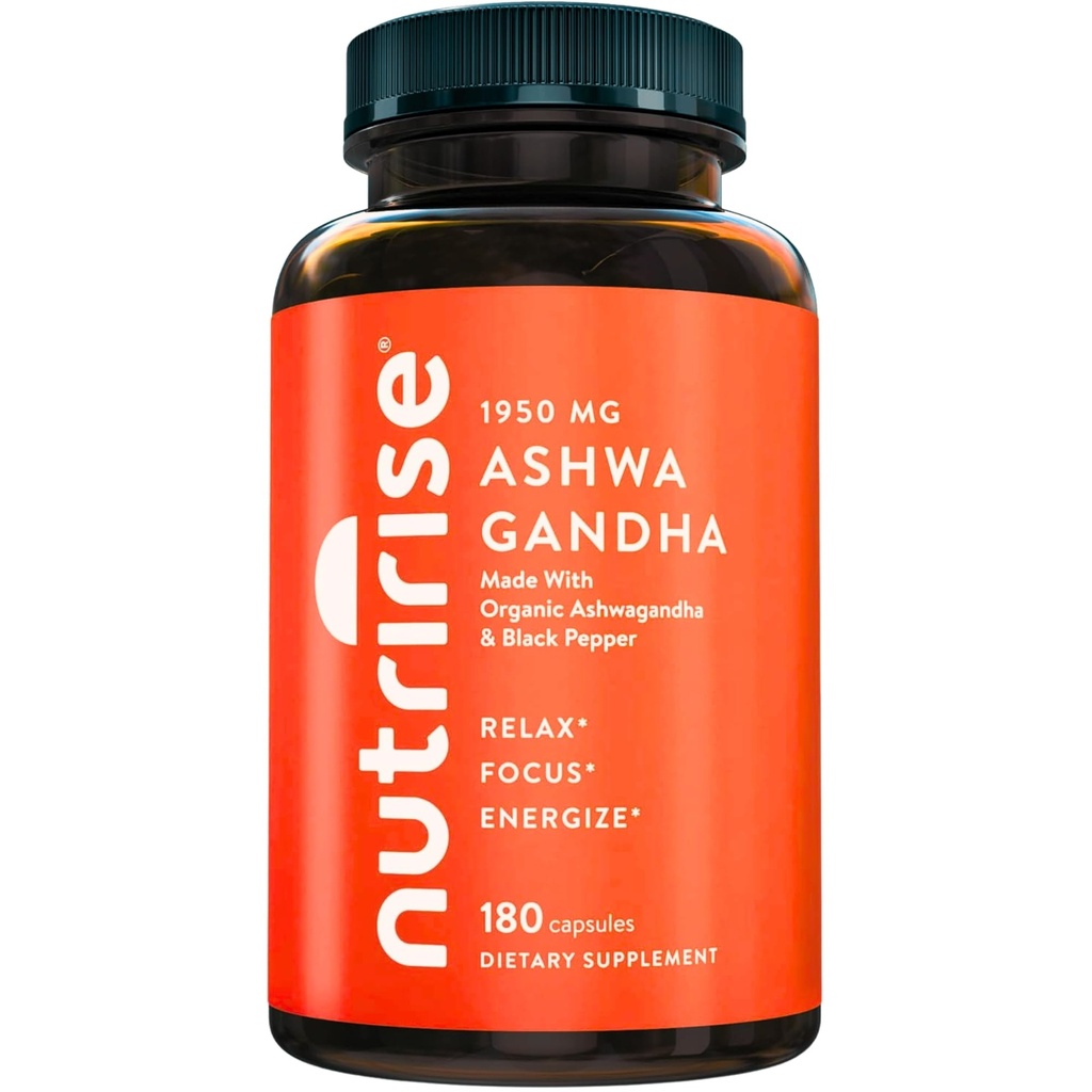 NutriRise Organic Ashwagandha Root Capsules with Black Pepper 1950mg, Natural Stress & Mood, Thyroid & Imune Support, Sleep Aid, Clarity, Focus & Energy, Gluten Free, 180 Count