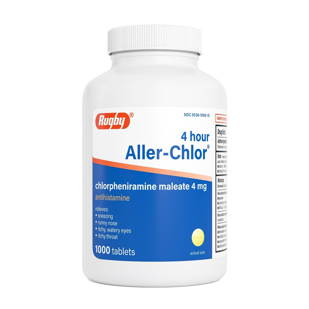 Rugby 4 Hour Aller-chlor - Chlorpheniramine Maleatte 4 mg - Antihistamin - 1000 tablet (1 Pack)