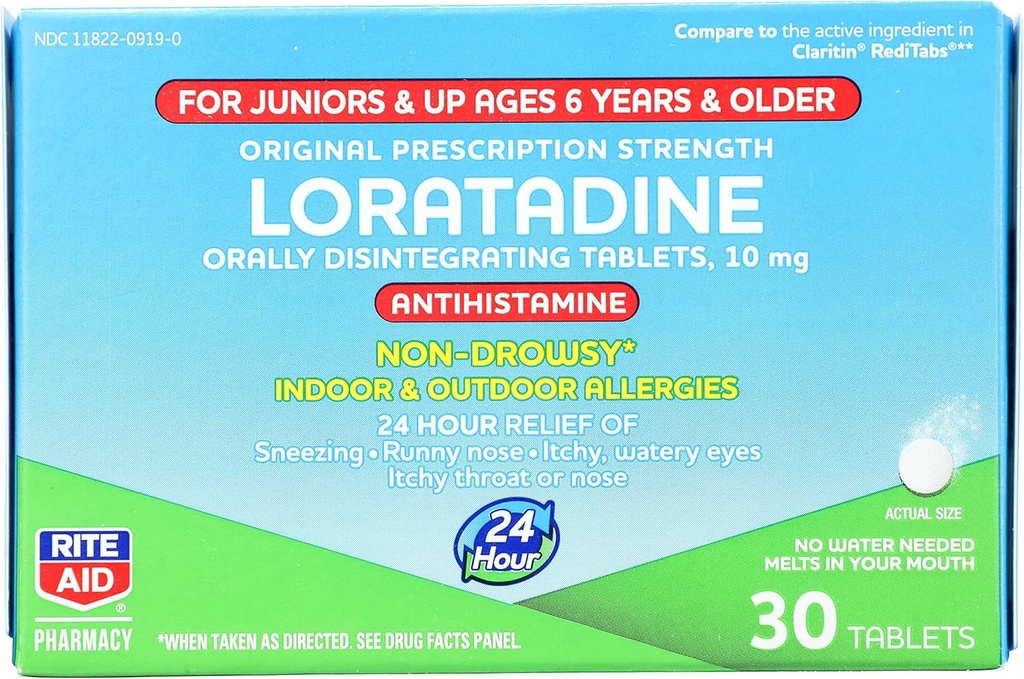 Rite Aid Kid 's None-Drowsy Allergy Relief, Loratadine 10mg, Mint Flavor - 30 Tablets 124; Orally Disintegrasikan Tab 124; Ages 6 dan Older