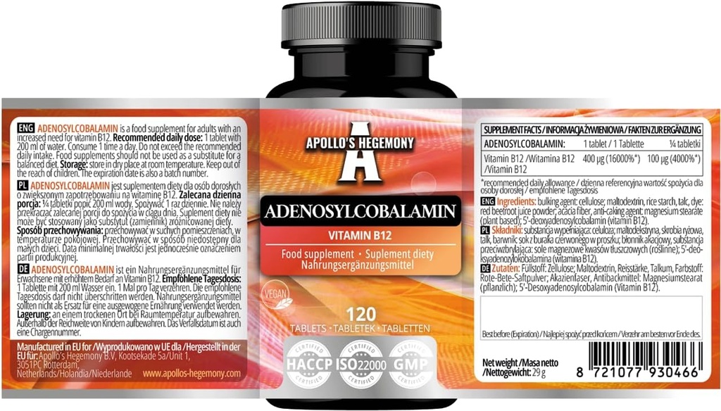 Adenosylcobalamin 120 tablet - Optimal Biovailable Vitamin B12 untuk Enhanced Energy Metabolisme - 480 Servis - Diet Supplemen