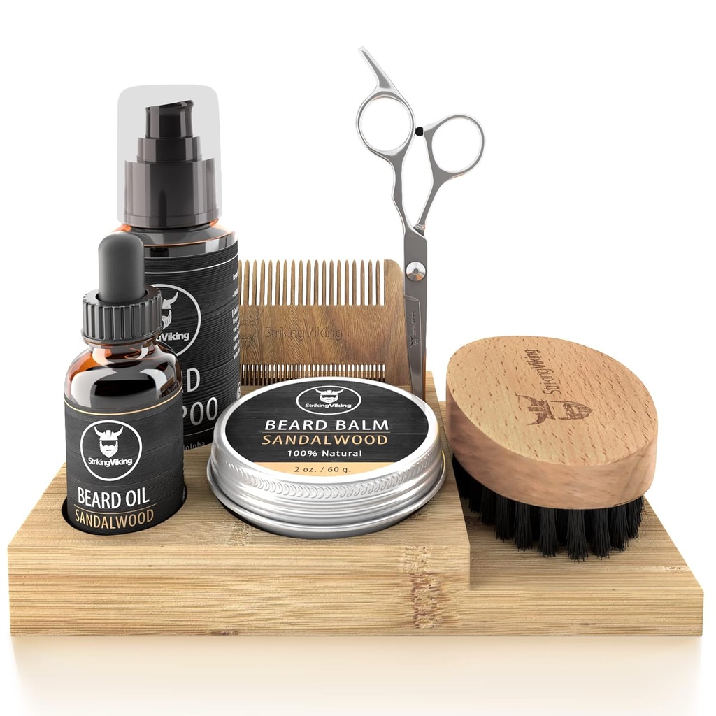 Menyerang Viking Beard Kit - 7-Piece Set, Sandalwood Scent & Caddy - Minyak & Bald dengan Brush Beard, Dual- Sided Comb & Gunting ditambah Kumis untuk Pembangunan & Styling