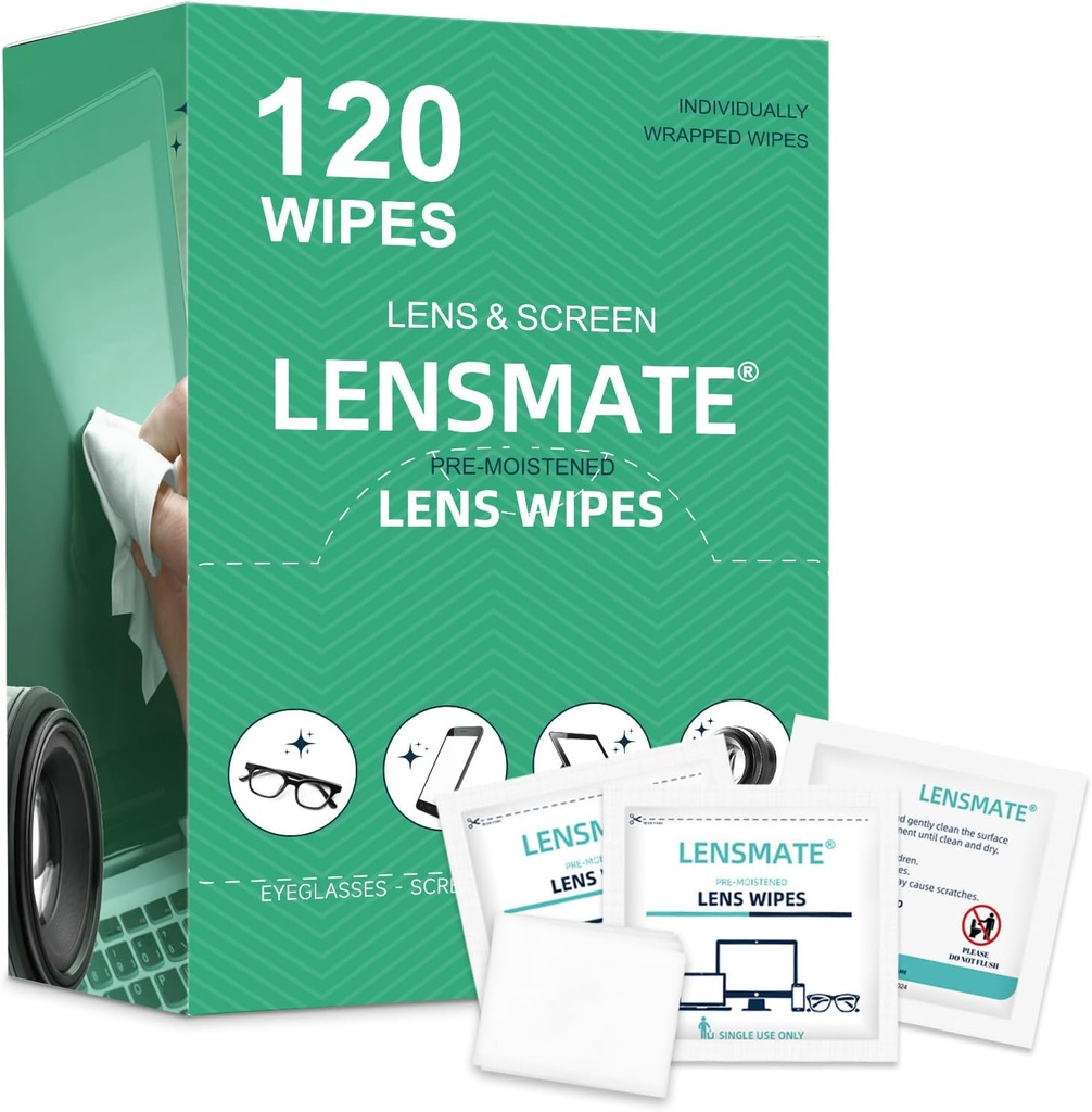 Lensmate 120 Count Lens Wipes untuk kacamata, Pre-Moistened & Individually Wipped Eyeglass Wipes, Lens Cleaning Wipes for Eyeglass, Sunglasses, Goggles and Camera Lens