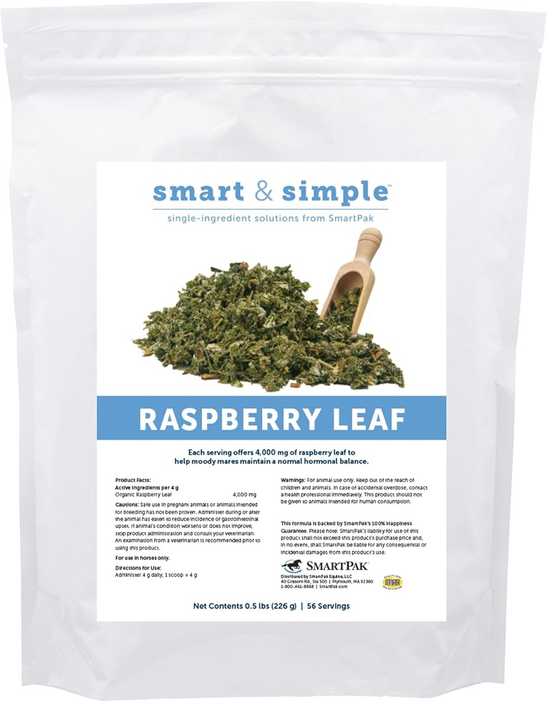 Smart & Simple Raspberry Leaf 124; Horse Moody Mare Suplement 12.4; Organic Whole Leaf 124; Single Ingredients 12.4; Equine Supplemen 124; 56 Servings 12.4; 0.5 lb Bag