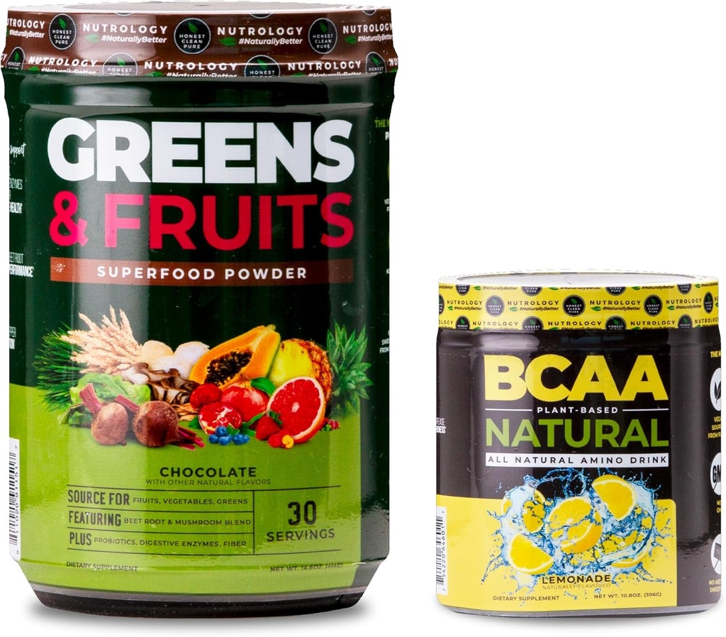 Nutrologi Hijau & Buah Bubuk Alami Sourced Superfood, Chocolate (30 Hamba) BCAA Natural, Plant Based BCAA Powder, Lemonade Flavor (30 Pelayan)