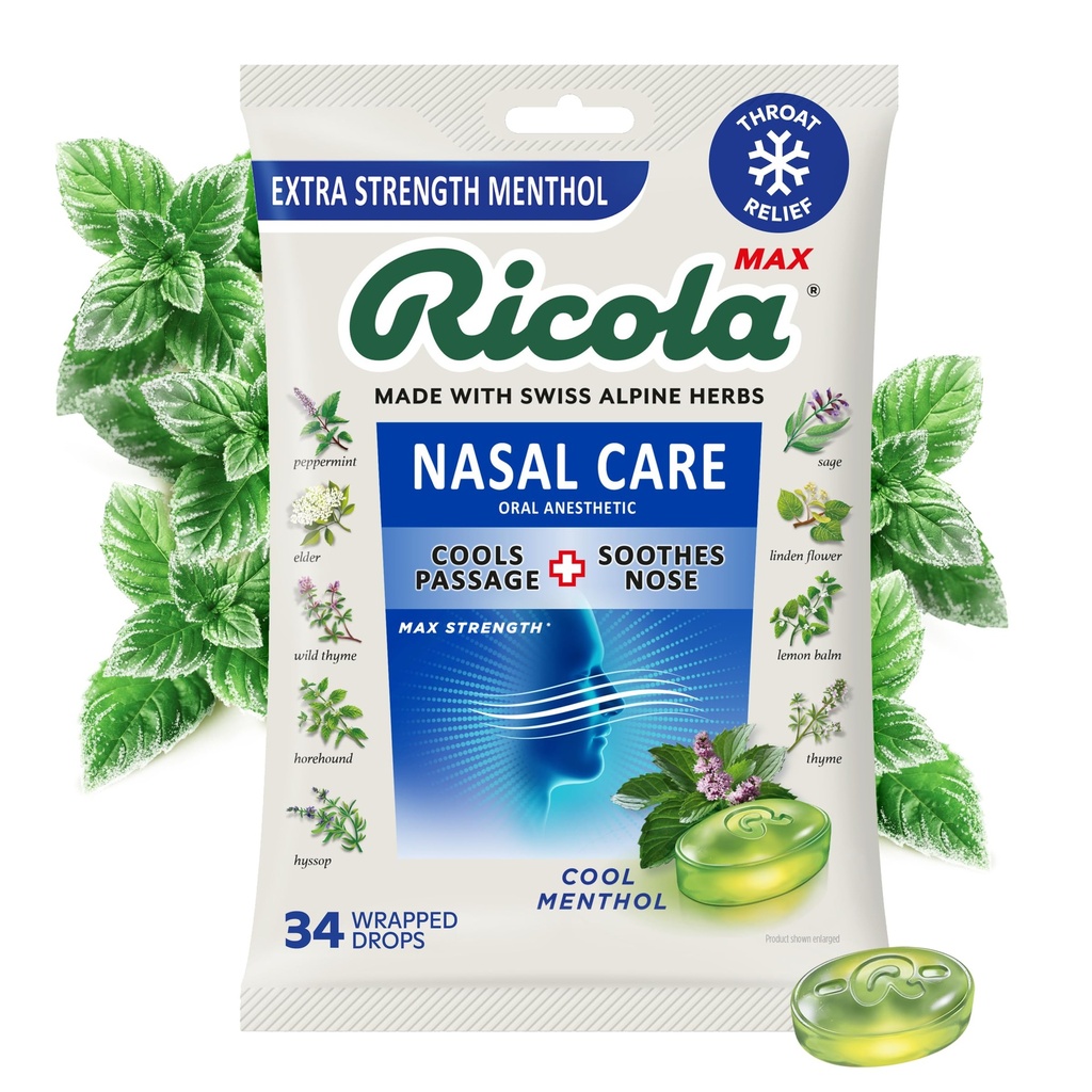 Ricola Max Cool Menthol Nasal Care Large Bag 124; Cough Suppresant Drops: 124; Dual Action Liquid Center: