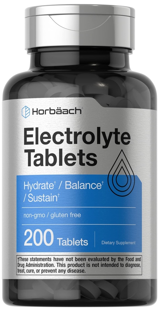 Horbäach Electrolite Tablet = 124; 200 Count 124; Vegetarian 124; Keto- Friendly 124; Non-GMO, and Gluten Free Hidration Suplemen